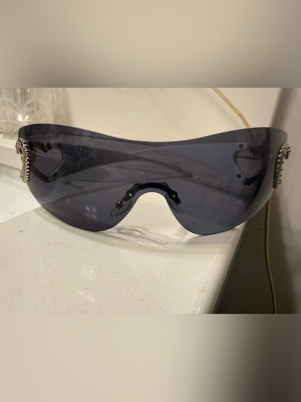 White Shield Sunglasses Silver Double Heart Accent Y2K Oversized Wrap Around